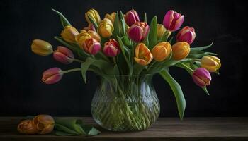 Tulip vase, nature bouquet, fresh springtime, wood material, flower head generated by AI photo