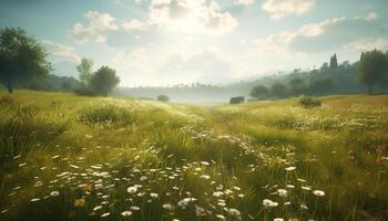 A beautiful meadow with green grass and yellow flowers blossoming generated by AI photo