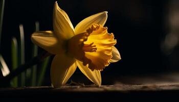 Yellow daffodil blossom in a formal garden, surrounded by green leaves generated by AI photo