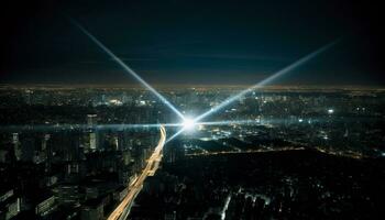 Glowing city lights illuminate the modern urban skyline at dusk generated by AI photo