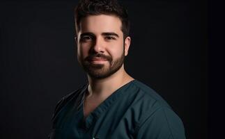 Confident young man with beard, looking at camera, smiling generated by AI photo