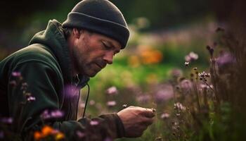 A man sitting in the forest, enjoying the solitude and nature generated by AI photo