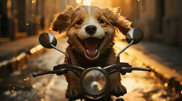 a cute dog ride a bike on highway photo