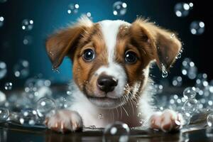 Funny puppy Papillon in a bath with water drops on a blue background photo