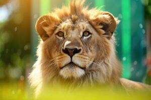 retrato de un león en un antecedentes de verde follaje foto