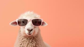 Portrait of funny sheep with sunglasses. Funny animal concept photo