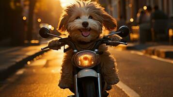 a cute dog ride a bike on highway photo