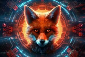 Futuristic fox in front of a futuristic dark background photo