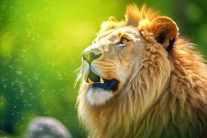 Portrait of a lion on a background of green foliage photo