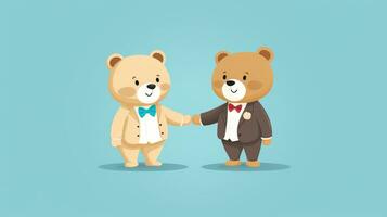 Two teddy bears in a white shirt and black shorts shaking hands on a blue background photo