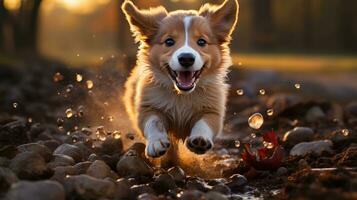 cute dog running on road background photo