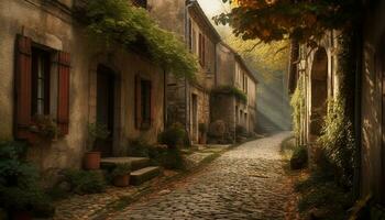 Ancient stone buildings blend with nature in tranquil autumn landscapes generated by AI photo