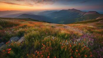 Majestic mountain peak, tranquil meadow, colorful wildflowers, and fresh water generated by AI photo