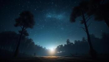 Glowing star trail illuminates dark forest in tranquil midnight generated by AI photo