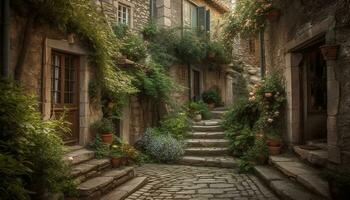 Ancient building exterior with old fashioned architecture, surrounded by nature green generated by AI photo