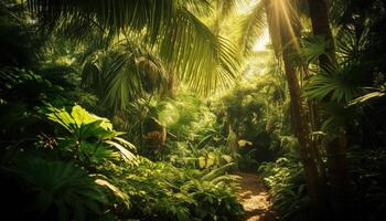 Tropical rainforest, palm trees, green leaves, tranquil scene, blue water generated by AI photo