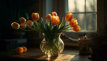 Freshness and beauty in nature, a vibrant bouquet of springtime tulips generated by AI photo