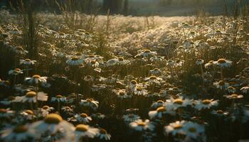 Bright yellow daisy blossoms in a vibrant meadow, symbolizing summer beauty generated by AI photo