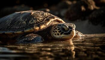 un lento Tortuga gatea submarino, sus cáscara un belleza en naturaleza generado por ai foto