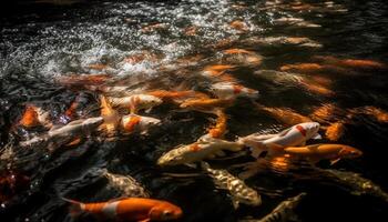 vistoso koi carpa nadar graciosamente en un tranquilo submarino estanque generado por ai foto