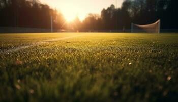 Grass field, green nature, sunset, summer soccer, competitive sport, playing generated by AI photo