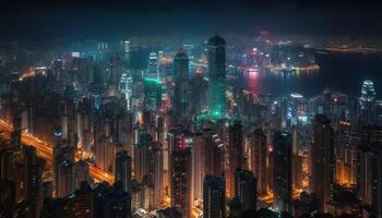 Night illuminates the modern cityscape, a glowing urban skyline generated by AI photo