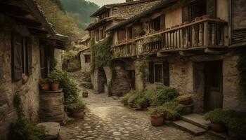 Ancient wooden cottage, surrounded by mountains, with rustic flower pots generated by AI photo