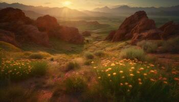 Tranquil meadow, sunset sky, mountain peak, green grass generated by AI photo