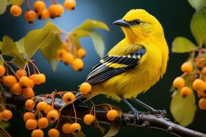 Beautiful yellow and blue bird on a branch of a blossoming tree photo