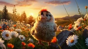 Chicken on a meadow with daisies at sunset. photo