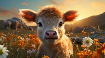 Cute cow in the meadow with flowers. photo