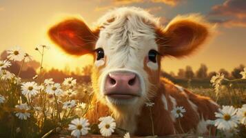 Cute little cow in the meadow photo