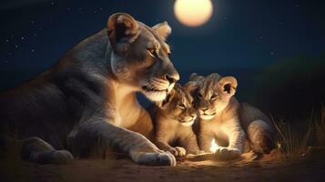 Lioness with her cubs in a dark night with stars background photo