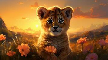 cute tiger cub sitting on a flower meadow photo