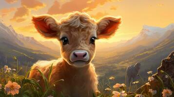 Cute little cow in the meadow photo