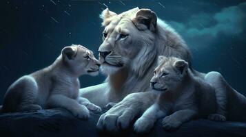 White Lions with cubs in the night photo