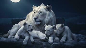 White Lions with cubs in the night photo