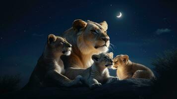 Lioness with her cubs in a dark night with stars background photo