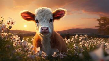 Cute little cow in the meadow photo