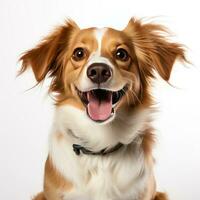 perro sonriente rostro, aislado en blanco antecedentes foto