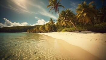 Idyllic tropical coastline, palm tree, turquoise water, sunset, tranquil scene generated by AI photo