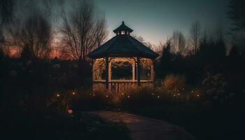 Spooky chapel in the dark forest, illuminated by moonlight generated by AI photo