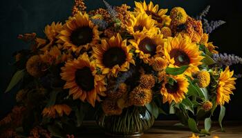 Nature bouquet sunflower, leaf, flower, yellow, plant, backgrounds, decoration, vase generated by AI photo