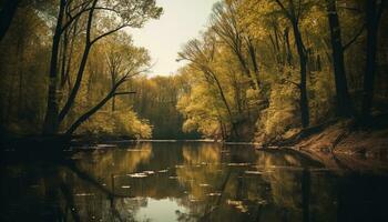 tranquilo escena de otoño bosque, reflejando belleza en naturaleza generado por ai foto