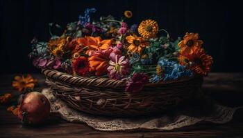 A rustic bouquet of multi colored flowers brings freshness to the table generated by AI photo