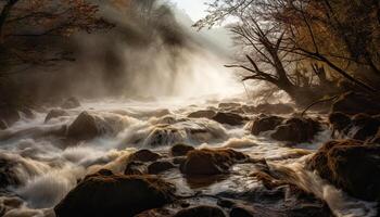 Tranquil scene forest, tree, rock, waterfall, flowing water, autumn generated by AI photo