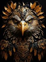 front portrait of an eagle, tattoo pattern, black and gold, AI generated. photo