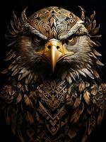 front portrait of an eagle, tattoo pattern, black and gold, AI generated. photo