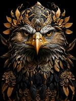 front portrait of an eagle, tattoo pattern, black and gold, AI generated. photo