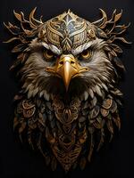 front portrait of an eagle, tattoo pattern, black and gold, AI generated. photo